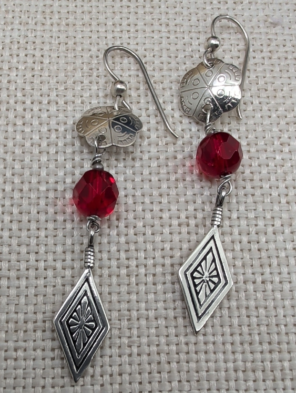 Signed MASHA Sterling Silver Native American Drop Earrings Red Glass Vintage